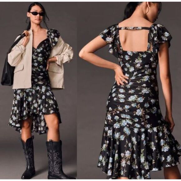 Anthropologie Dresses & Skirts - By Anthropologie Sweetheart Ruched Drop-Waist Dress Satin Floral NWT 188 XS